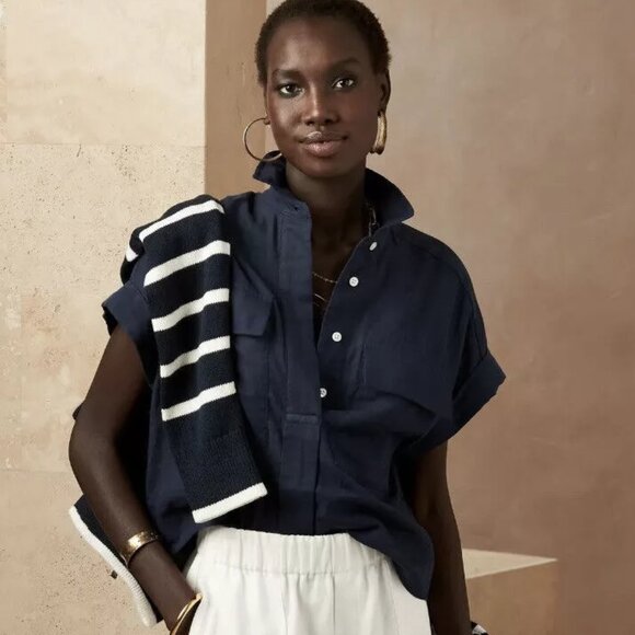 Banana Republic Tops - Banana Republic Cotton Essential Roll-Cuff Shirt in Indigo | Size Small